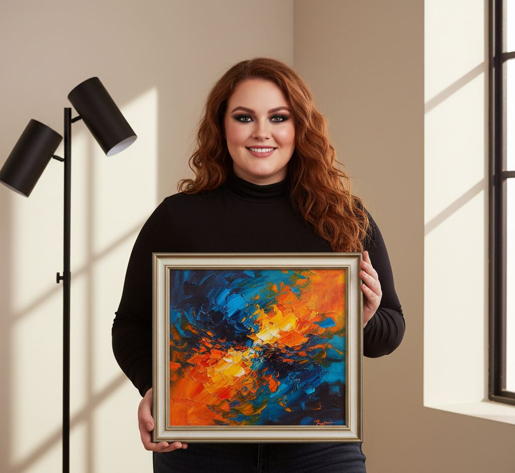 Antique silver picture frame displaying a bold orange and blue palette-knife abstract