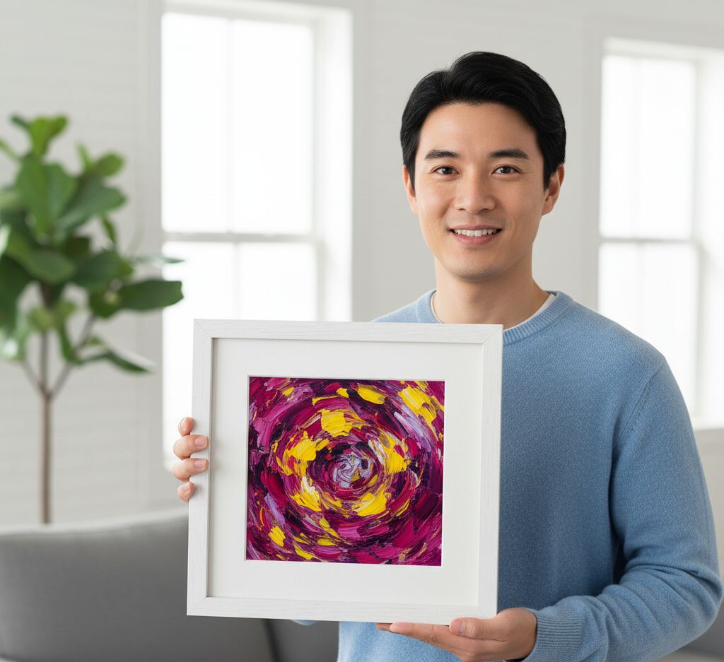 Artist holding a bright white picture frame displaying a colorful abstract swirl print