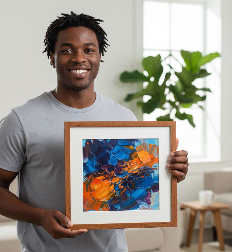 Warm Honeyed Oak frame holding a vibrant oil-painted abstract in blue and orange